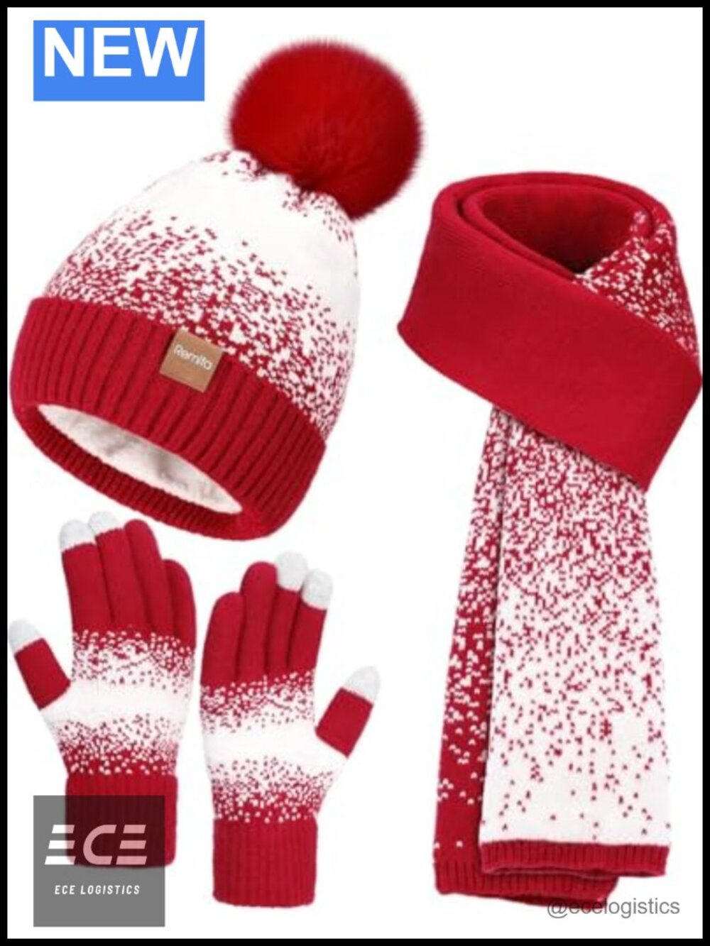 Women Winter Beanie Hat Scarf Gloves Set 3-in-1 Touchscreen Pom Pom Warm